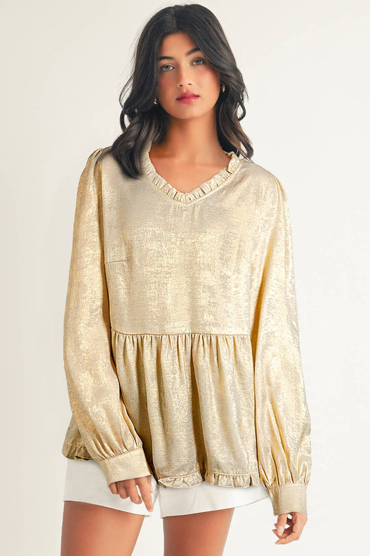 Metallic Frilled V Neck Puff Sleeve Babydoll Blouse