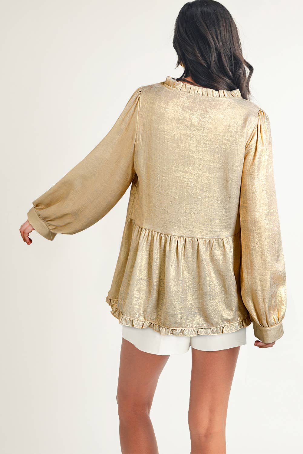 Metallic Frilled V Neck Puff Sleeve Babydoll Blouse