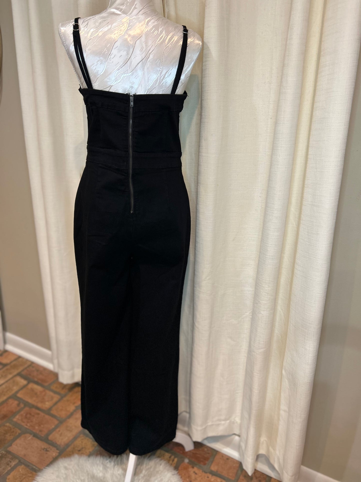 Seamed Zipper Spaghetti Strap High Waist Flared Jumpsuit