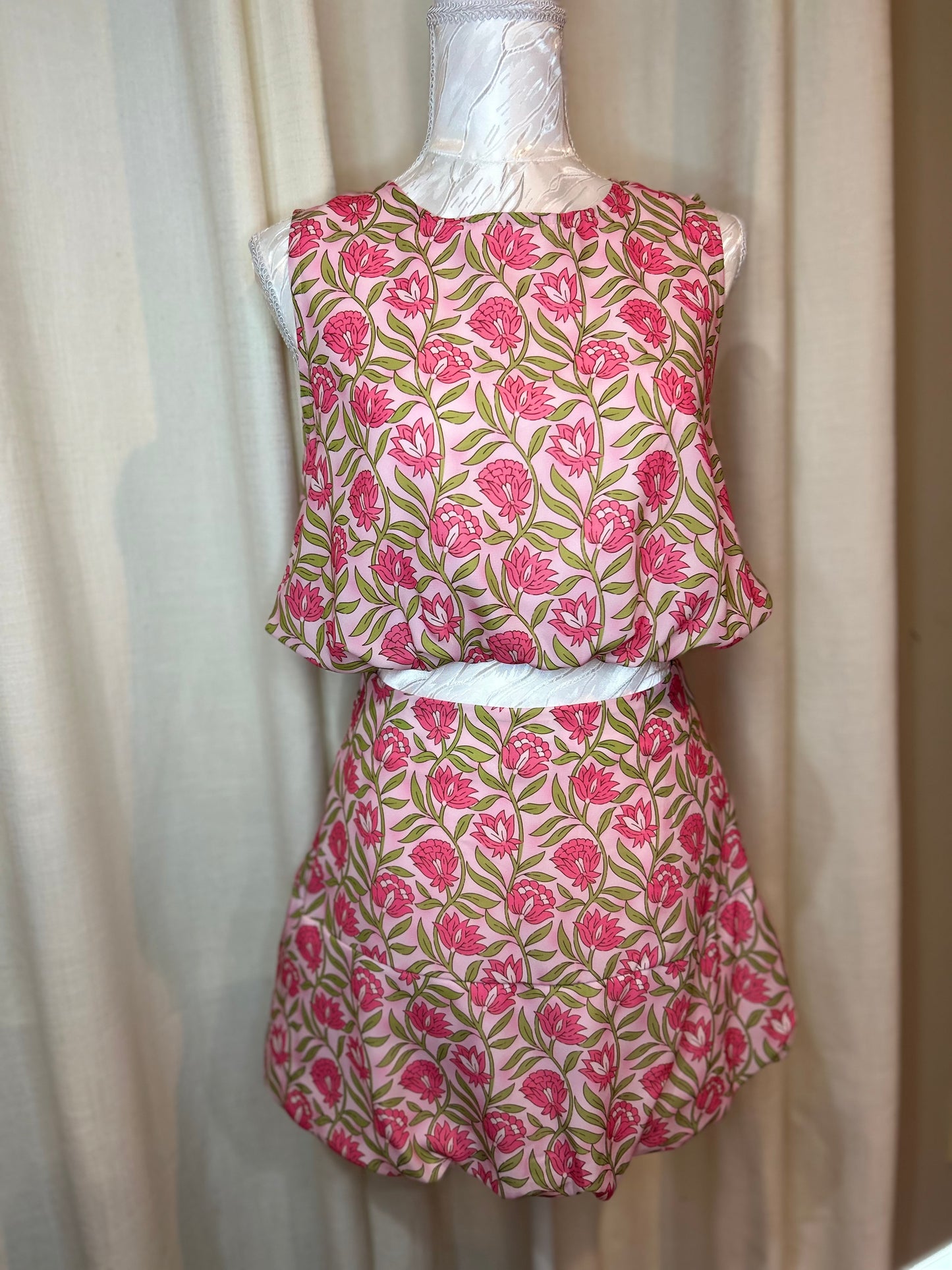 Floral Print Puffy Cropped Tank and Mini Skirt Set
