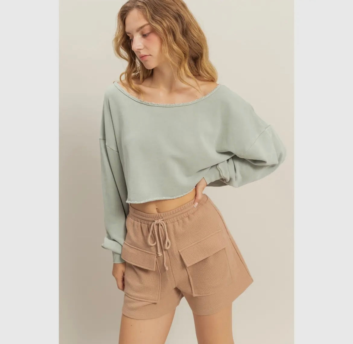 Frayed Detail Long Sleeve Crop Top