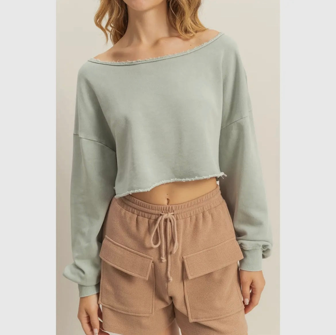 Frayed Detail Long Sleeve Crop Top