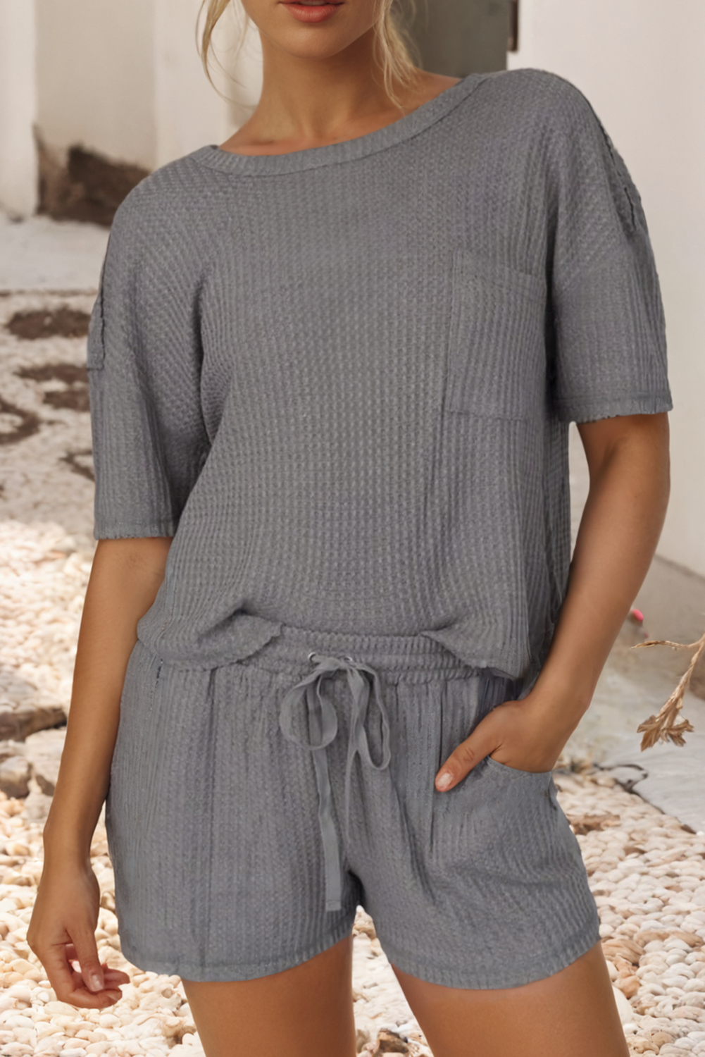 Solid Color Waffle Knit T Shirt and Shorts Set