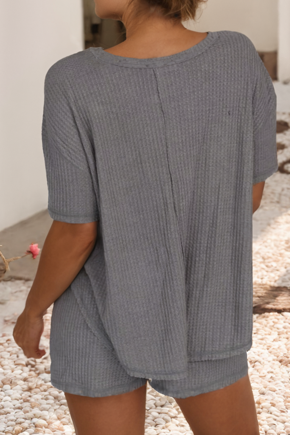 Solid Color Waffle Knit T Shirt and Shorts Set