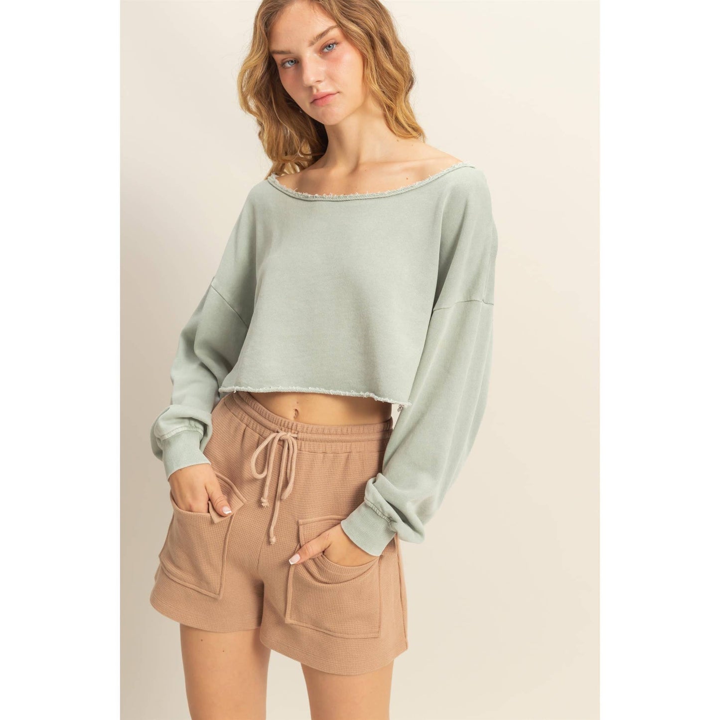 Frayed Detail Long Sleeve Crop Top