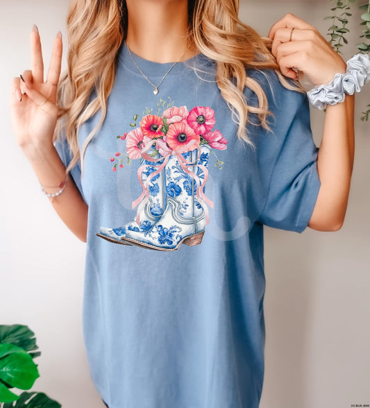 Blue Floral Boots Graphic Tee