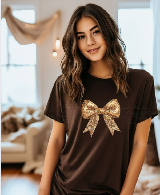 GOLD FAUX GLITTER BOW GRAPHIC TEE